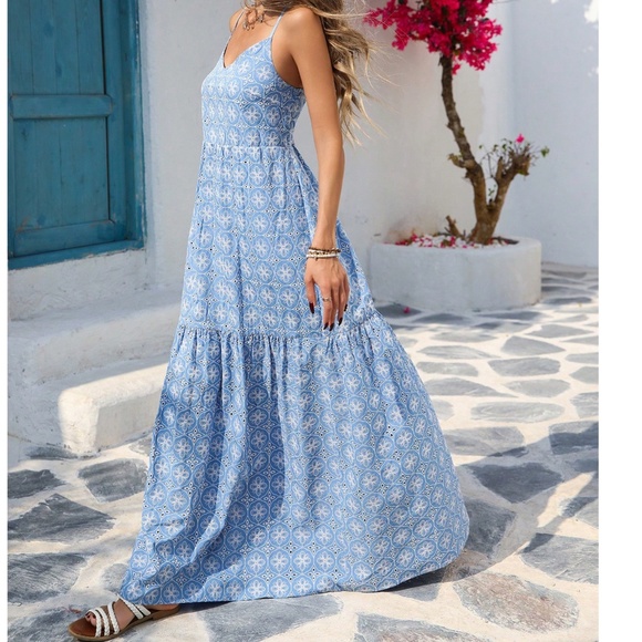 Boho Blue Ruffle Hem Cami Straps Maxi Dress - Picture 3 of 6